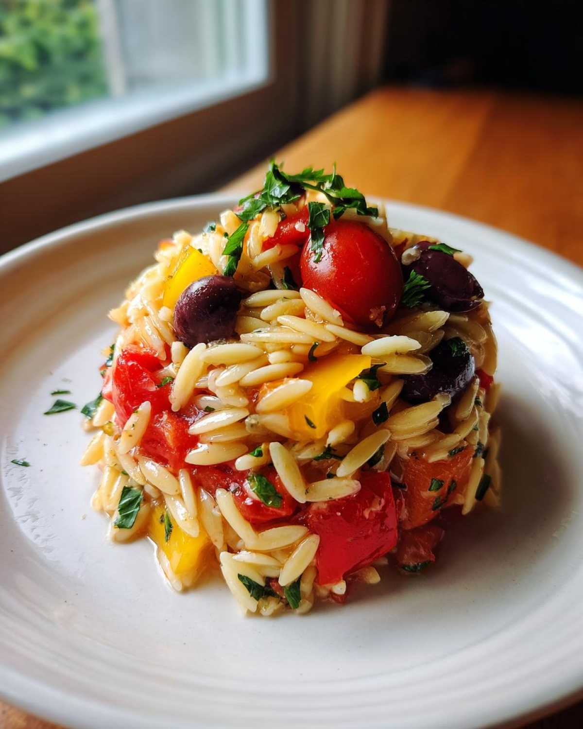 A molded serving of Veggie Rainbow Orzo Salad featuring orzo pasta, red and yellow peppers, cherry tomatoes, and Kalamata olives.