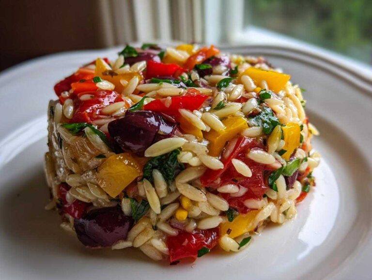 A molded serving of Veggie Rainbow Orzo Salad featuring orzo pasta, colorful bell peppers, and Kalamata olives.